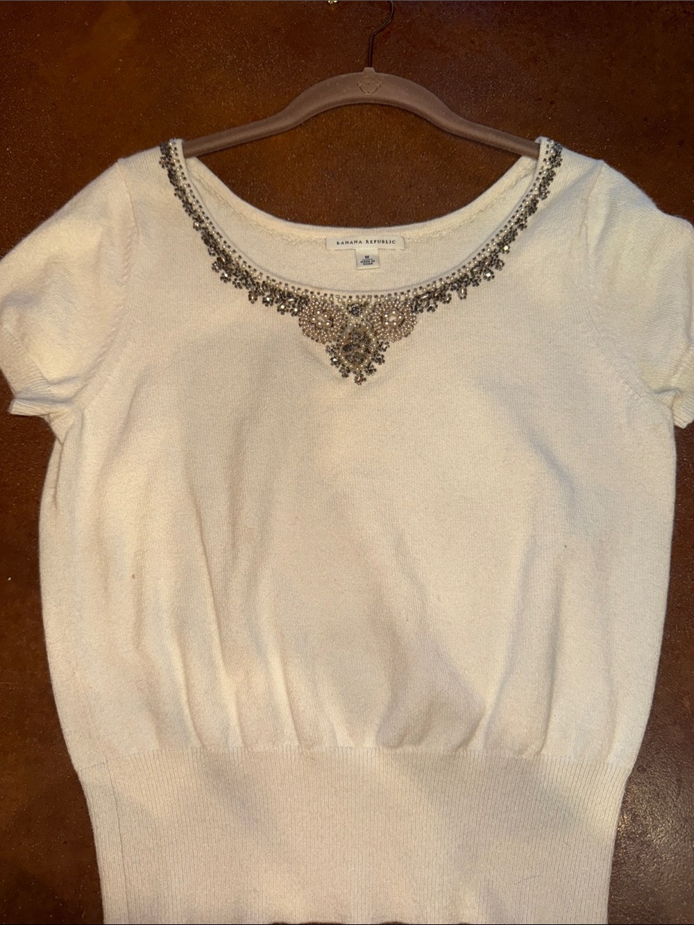 Banana Republic Cream Short Sleeve Embellished Neck Sweater Top